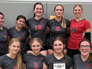 The Niverville Varsity girls chose to compete at the AAAA level this year. Back: Elliott Marion, Eva Davis, Annika Buys, Izzy Voth, Aysia Richards. Front: Carys Derksen, Emily Peters, Malia Thiessen, Brielle Reimer.