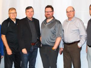 Councillor Chris Wiebe, Deputy Mayor john Funk, Mayor Myron Dyck, CAO Eric King, and Councillors Kevin Stott and Nathan Dueck.