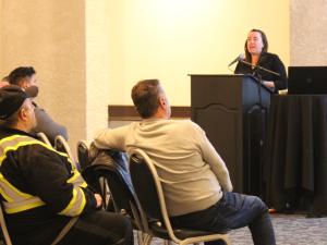 Guest speaker Jehna Grobety talks cannabis at a community meeting.