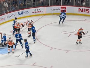 The Jets defend against the Philadelpha Flyers in December.