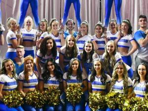 The Winnipeg Blue Bombers cheer and dance team, including Coty Loeppky (first in the second row).