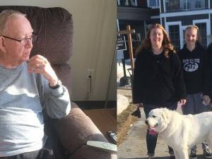 Barry Locke visits with his granddaughters from outside the window of the NCU Manor.