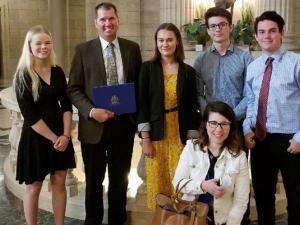Leah Reimer, Shannon Martin, Maddie Thompson, Marcus Jofre, and Corey Golden. Floor: Suzanne Mathieu, the students' teacher