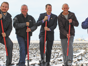 Ritchot Mayor Chris Ewen, Councillor Jeannot Robert, MLS Shannon Martin, Shaun Crew, and Claude Lemoine at the ground-breaking ceremony for the Riel Industrial Park's third phase.
