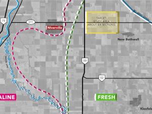 A map of the region's hydrological resources and the target study area for the new well site
