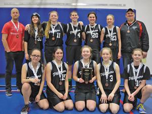 Back Row: Nathan Dyck (coach), Jenna Dykun, Ryanne Pauls, Julia Beer, Megan Hiebert, Teagan Schmidt, and Graham Beer (coach). Front row: Sydney Enns, Raquel Garcia, Annika Wolfe, Raena Braun, and Mattea Jones. Missing: Ashley Sawatsky