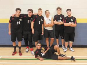 Adrian Kalyniuk, Stephane Smith, Jordan Reuvers, Daniel Joanisse, Theo Delaquis, and Justin Boisjoli. On the floor: Derek Roy