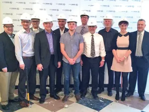 (l-r): Kelvin Goertzen (MLA for Steinbach), Gregg Plett (Three Way Builders), Cliff Graydon (MLA for Emerson), Ted Falk (MP for Provencher), Gordon Giesbrecht (Providence Board Chair), Chase Harms (Student Council President), Jeremy Funk (Assistant Professor of Business Administration), David Johnson (Providence President), Dennis Hiebert (Professor of Sociology and Department Head of Arts & Sciences), Natasha Loge (Business student), and Cameron McKenzie (Academic Dean of Providence University College)