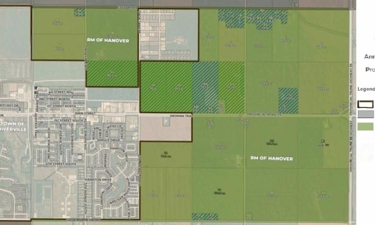 In green, the amount of land that is proposed to be annexed by Niverville from the RM of Hanover.