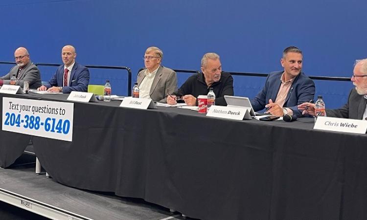 Candidates for town council: Meghan Beasant, Kevin Stott, Jason Alderson, John Funk, Bill Fast, Nathan Dueck, and Chris Wiebe.