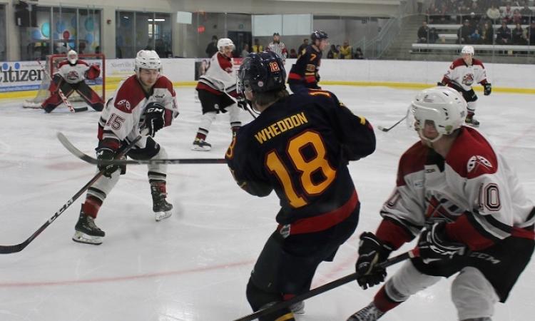 Hayden Wheddon takes a shot on goal against the Virden Oil Capitals.