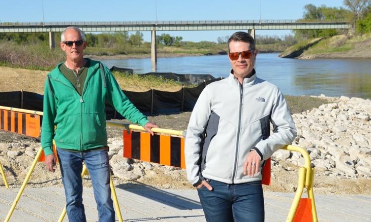 Ste. Agathe Community Development Inc. directors Joel Gagnon (front) and Shaun Crew (back) at the site of the Ste. Agathe dock and boat launch project.