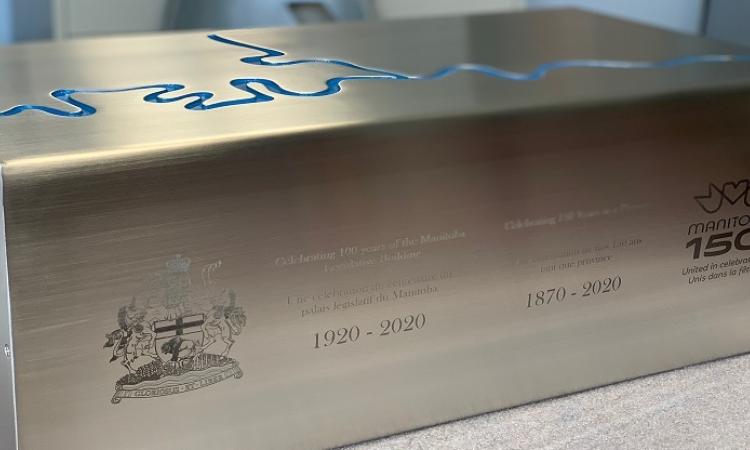 The stainless steel Manitoba 150 time capsule.