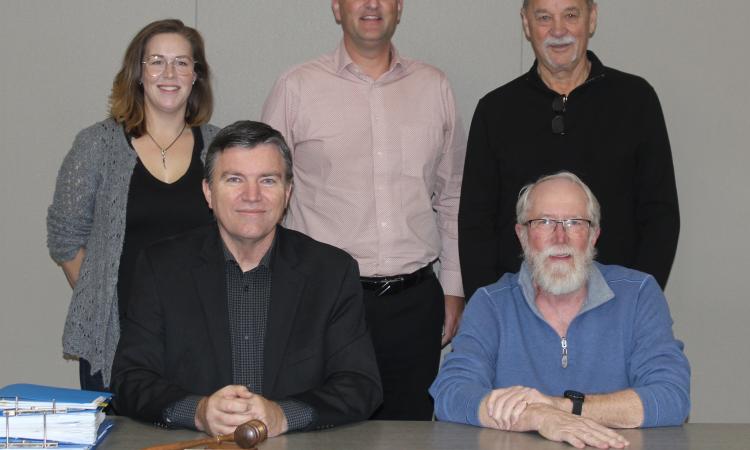 Niverville's town council. Back: Meghan Beasant, Nathan Dueck, and Bill Fast. Front: Myron Dyck and Chris Wiebe.