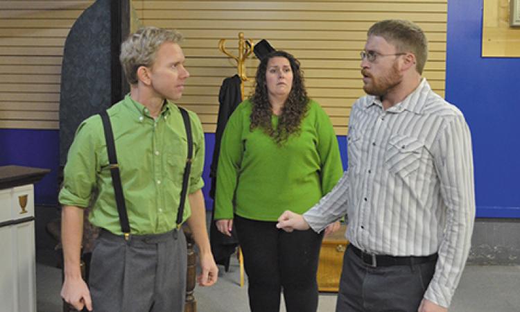 Kyle Barrett Friesen, Meg Pfeifer-Brandt, and Michael Dueck in rehearsals
