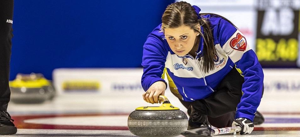 Kate Cameron throws a stone at the 2021 Scotties Tournament of Hearts in Calgary.