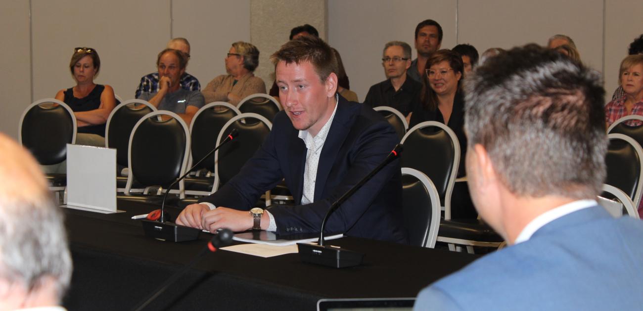 Bradley Schmaltz of Canna Cabana makes his pitch to Niverville's council.