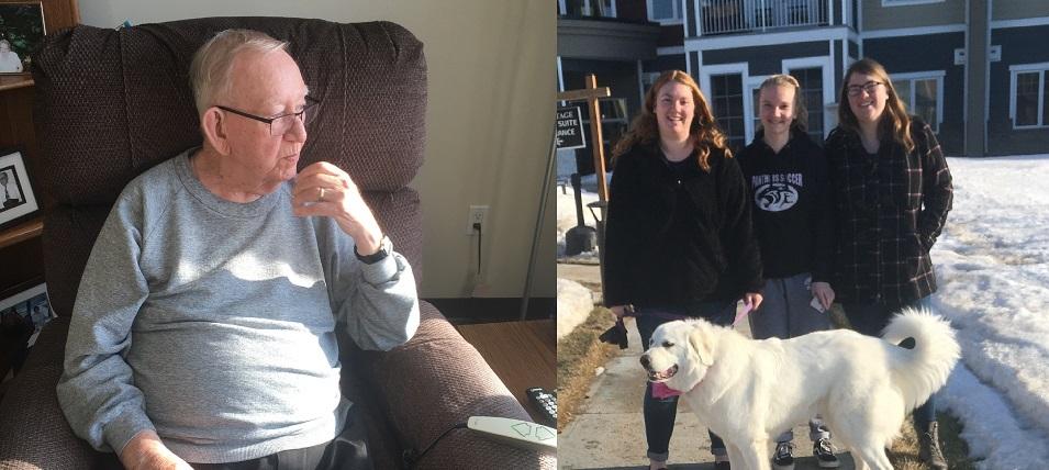 Barry Locke visits with his granddaughters from outside the window of the NCU Manor.