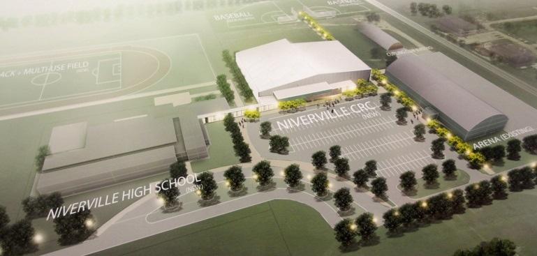 Rendering of the full community campus, including the new high school, the Community Resource Centre, and the current arena.