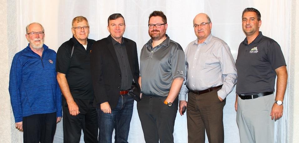 Councillors Chris Wiebe and John Funk, Mayor Myron Dyck, CAO Eric King, and Councillors Kevin Stott and Nathan Dueck.