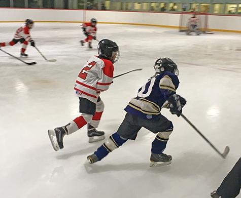 Players fight for the puck at the Niverville Arena