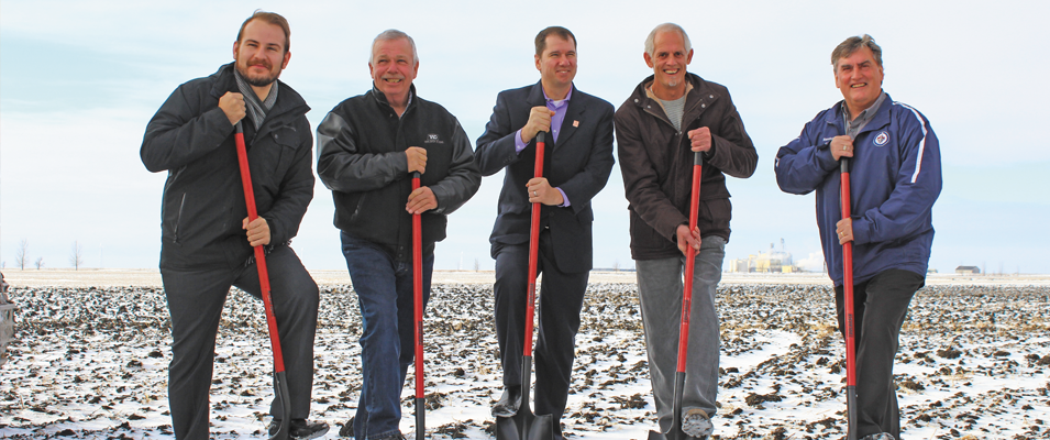 Ritchot Mayor Chris Ewen, Councillor Jeannot Robert, MLS Shannon Martin, Shaun Crew, and Claude Lemoine at the ground-breaking ceremony for the Riel Industrial Park's third phase.