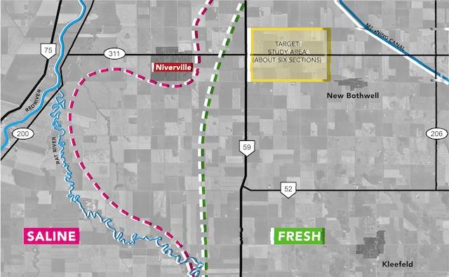 A map of the region's hydrological resources and the target study area for the new well site