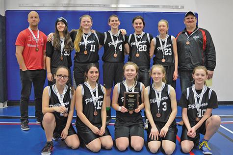Back Row: Nathan Dyck (coach), Jenna Dykun, Ryanne Pauls, Julia Beer, Megan Hiebert, Teagan Schmidt, and Graham Beer (coach). Front row: Sydney Enns, Raquel Garcia, Annika Wolfe, Raena Braun, and Mattea Jones. Missing: Ashley Sawatsky