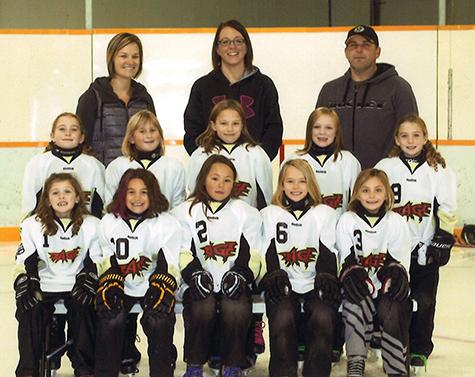 Back Row: Kristy Peters (manager), Sarah Arnal (coach), Dan DeRocquigny (assistant coach) Middle Row: Mallory Wallace, Kara DeRocquigny, Gracie Peters, Mya Arnal, Macy Wallace. Front Row: Brinley Harder, Talia Raine, Ava Sinclair, Jill Loeppky, Bella Austman