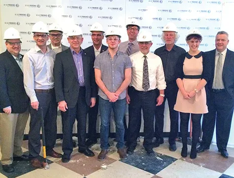 (l-r): Kelvin Goertzen (MLA for Steinbach), Gregg Plett (Three Way Builders), Cliff Graydon (MLA for Emerson), Ted Falk (MP for Provencher), Gordon Giesbrecht (Providence Board Chair), Chase Harms (Student Council President), Jeremy Funk (Assistant Professor of Business Administration), David Johnson (Providence President), Dennis Hiebert (Professor of Sociology and Department Head of Arts & Sciences), Natasha Loge (Business student), and Cameron McKenzie (Academic Dean of Providence University College)