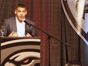 Andrew Harris, four-time Grey Cup winner, speaks at the first annual Nighthawks Red Carpet Gala.