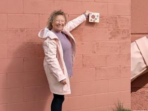 Shirley Hoult at the picnic shelter in Hespeler Park where the new tile mosaic will be displayed.
