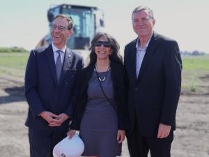 Gord Daman, Juliette Hagopian, and Myron Dyck at the official sod-turning for Jette Studios in Niverville.