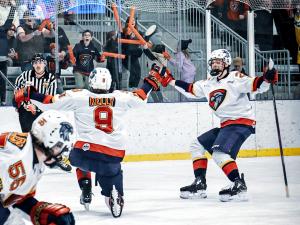 The Nighthawks celebration a playoff goal on home ice.