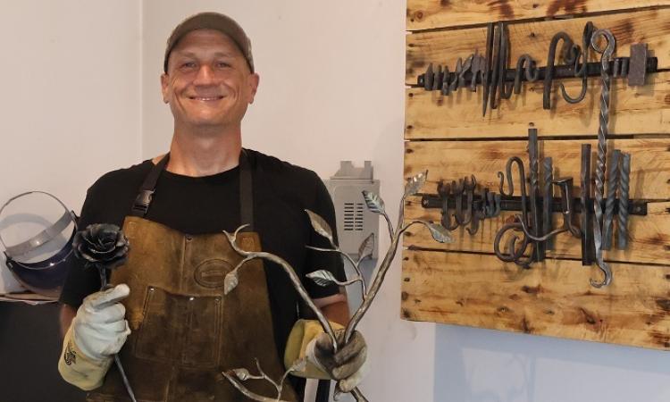 Cameron Bennett in his workshop in St. Adolphe.