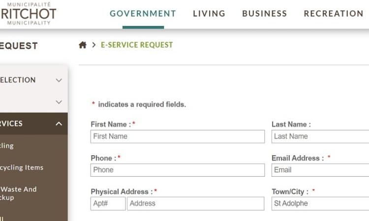 Screen shot of the new Service Request tool on the RM of Ritchot's website.