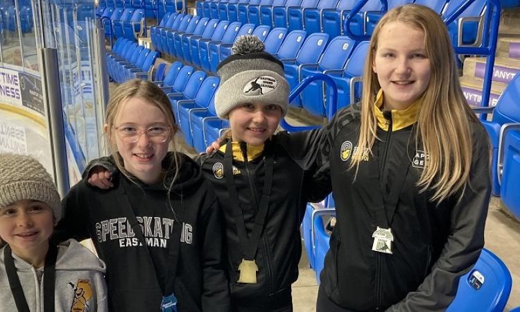 Local speed skaters Kalia Tétrault, MacKenna Reimer, Mia Tétrault, and Willa Dowse.