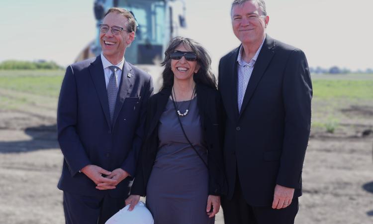 Gord Daman, Juliette Hagopian, and Myron Dyck at the official sod-turning for Jette Studios in Niverville.