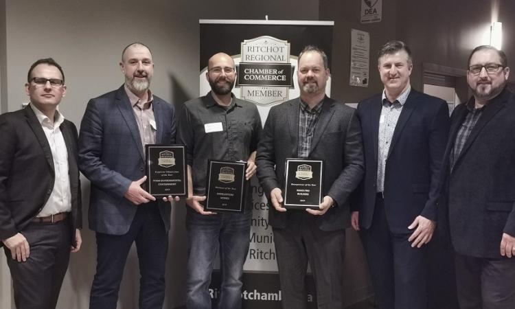 Ritchot Mayor Chris Ewan, Peter McDougall of Titan Environmental Containment, Ben Plett of Cobblestone Homes, Marty Ritchot of Maxx Pro Builders, Chamber President Marc Palud, and Derek Roth of Adventure Power Products.