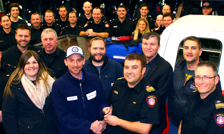 Shaun Macsymic of TransCanada hands over the keys for the new vehicle to Fire Chief Keith Bueckert and the rest of Niverville’s Emergency Services personnel.