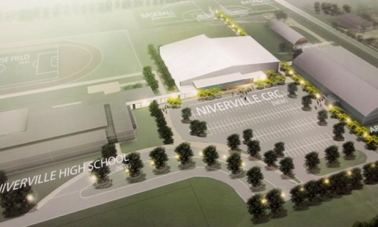 Rendering of the full community campus, including the new high school, the Community Resource Centre, and the current arena.