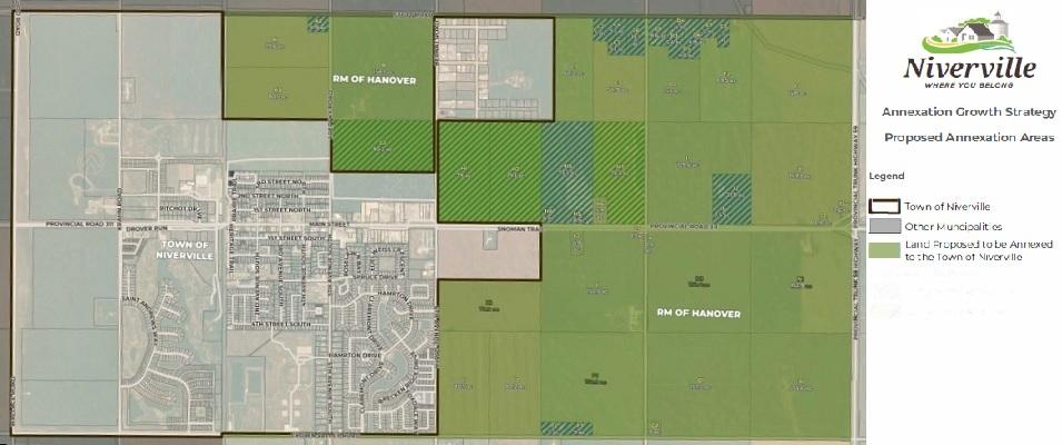 In green, the amount of land that is proposed to be annexed by Niverville from the RM of Hanover.