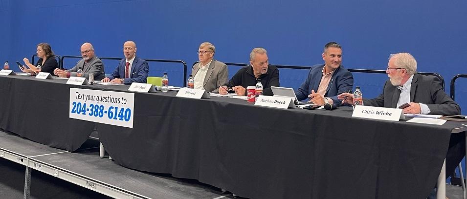 Candidates for town council: Meghan Beasant, Kevin Stott, Jason Alderson, John Funk, Bill Fast, Nathan Dueck, and Chris Wiebe.