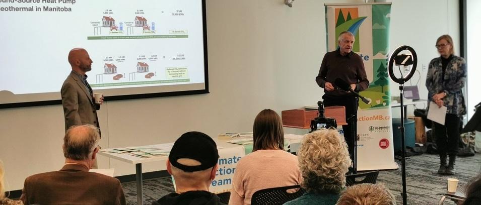 Curt Hull, Ed Lohrenz, and Molly McCracken speak at a Manitoba Climate Action event.