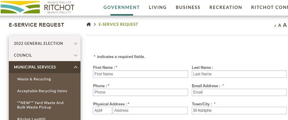 Screen shot of the new Service Request tool on the RM of Ritchot's website.