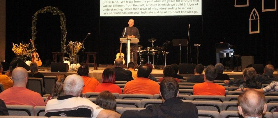 Peter YellowQuill speaks at Niverville's ceremony marked the National Day for Truth and Reconciliation.