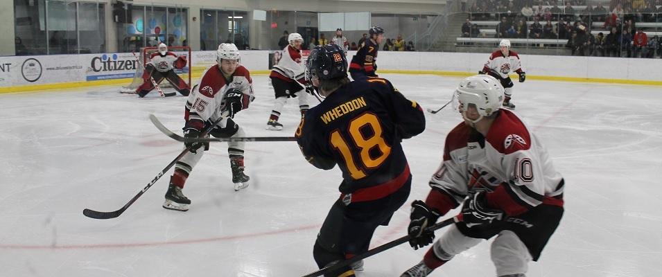 Hayden Wheddon takes a shot on goal against the Virden Oil Capitals.