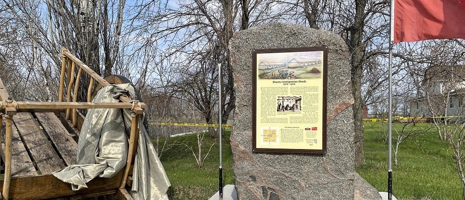 The historical cairn marking the site of the Shantz immigration sheds two miles south of Niverville.