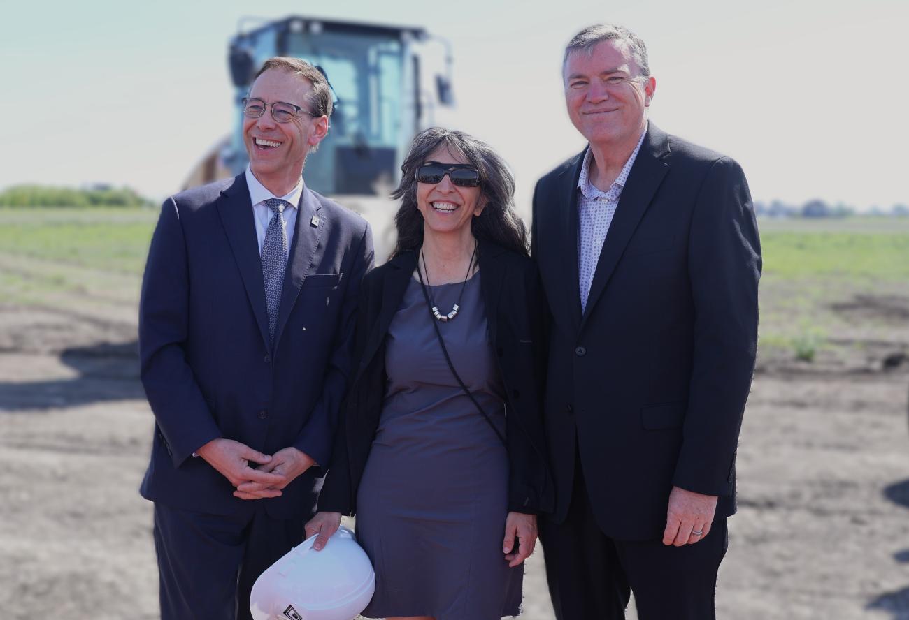 Gord Daman, Juliette Hagopian, and Myron Dyck at the official sod-turning for Jette Studios in Niverville.
