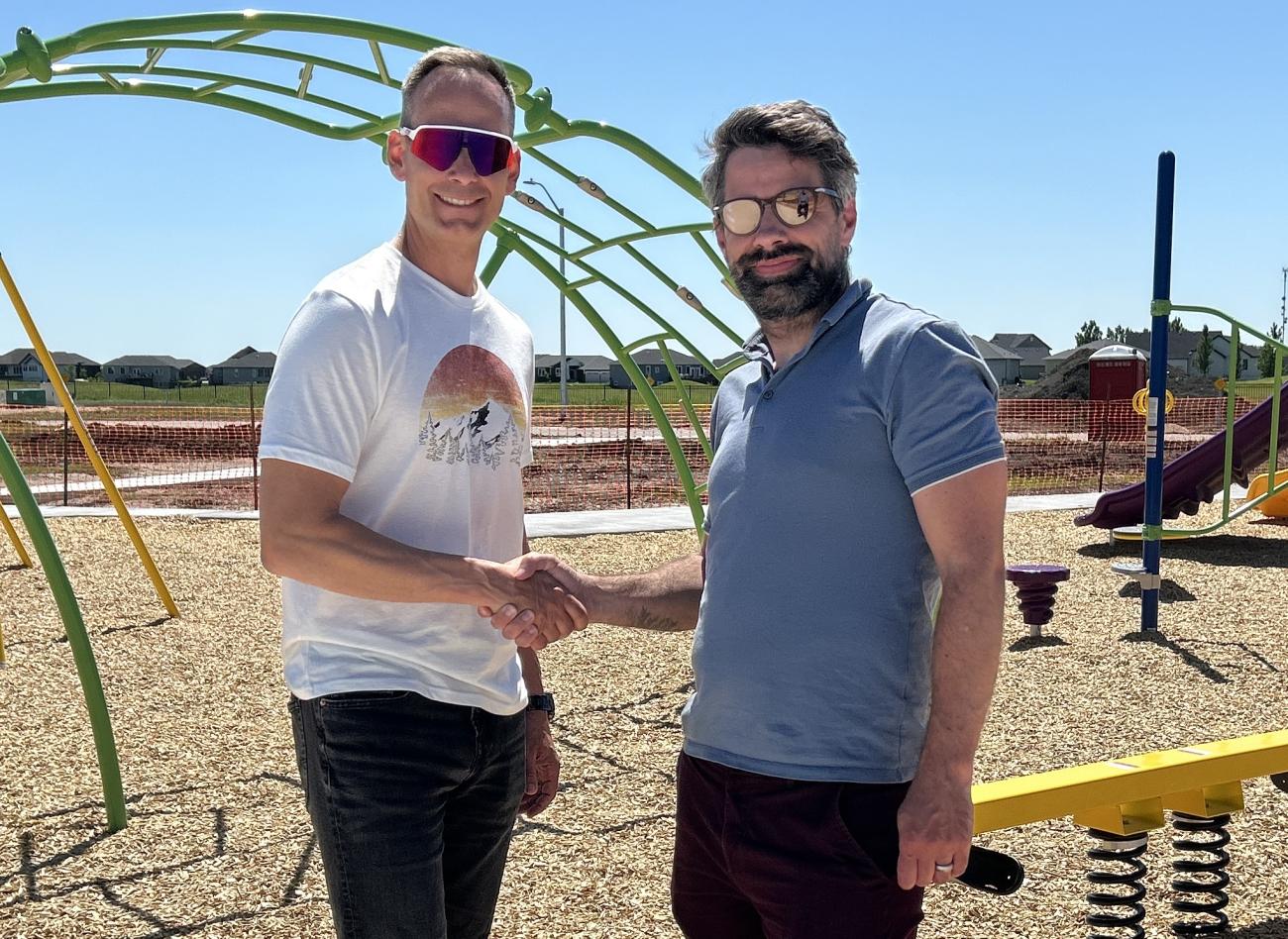 Len Peters and Warren Britton in Niverville's newest park.
